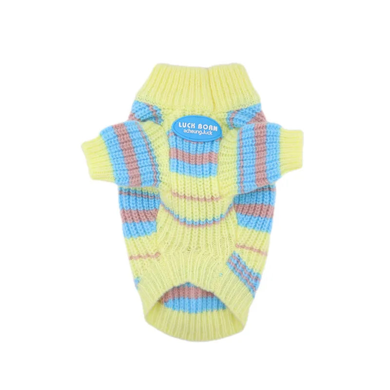 Blue and yellow striped wool dog jumper for small breeds including Xi Shi, Schnauzer, Bichon on mannequin