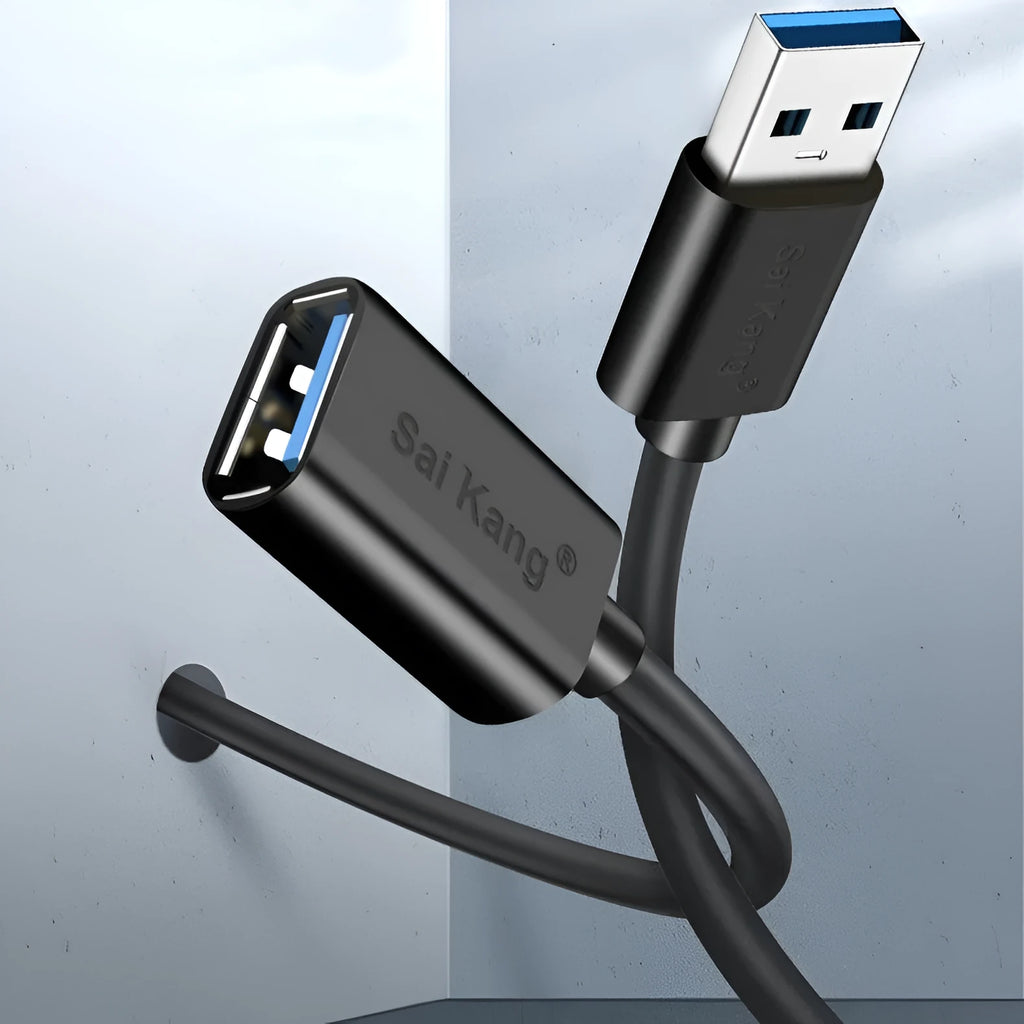 Black USB 3.0 and USB 2.0 extension cable with male and female connectors showing double-shielded construction