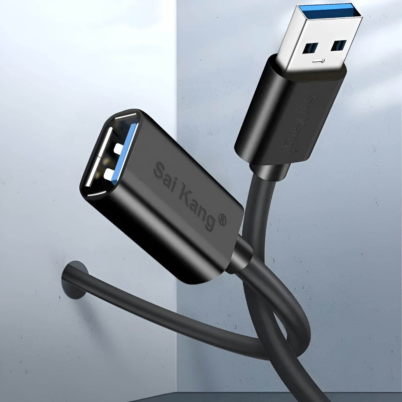 Black USB 3.0 and USB 2.0 extension cable with male and female connectors showing double-shielded construction