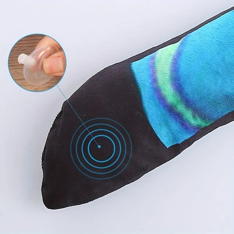 Snake-shaped plush dog squeaky toy with stripe print pattern in blue and green colors