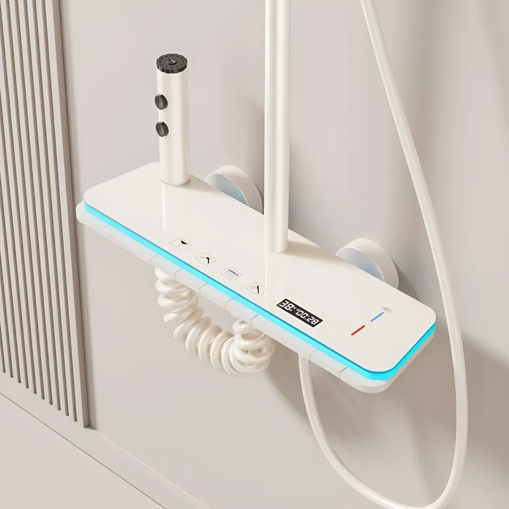 Aluminium digital display shower set with temperature control in white or grey finish