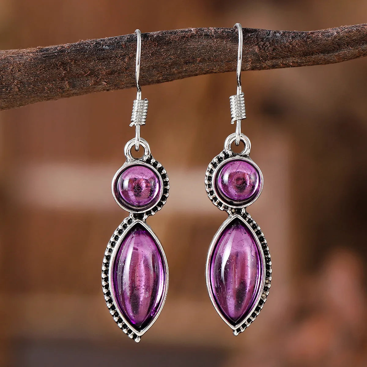 Vintage bohemian geometric pendant earrings with black and purple electroplated finish on zinc alloy