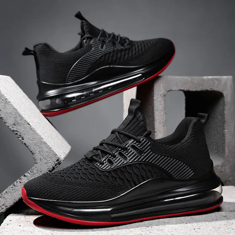 Men's black mesh running shoes with rubber sole and lace-up closure displayed on white background