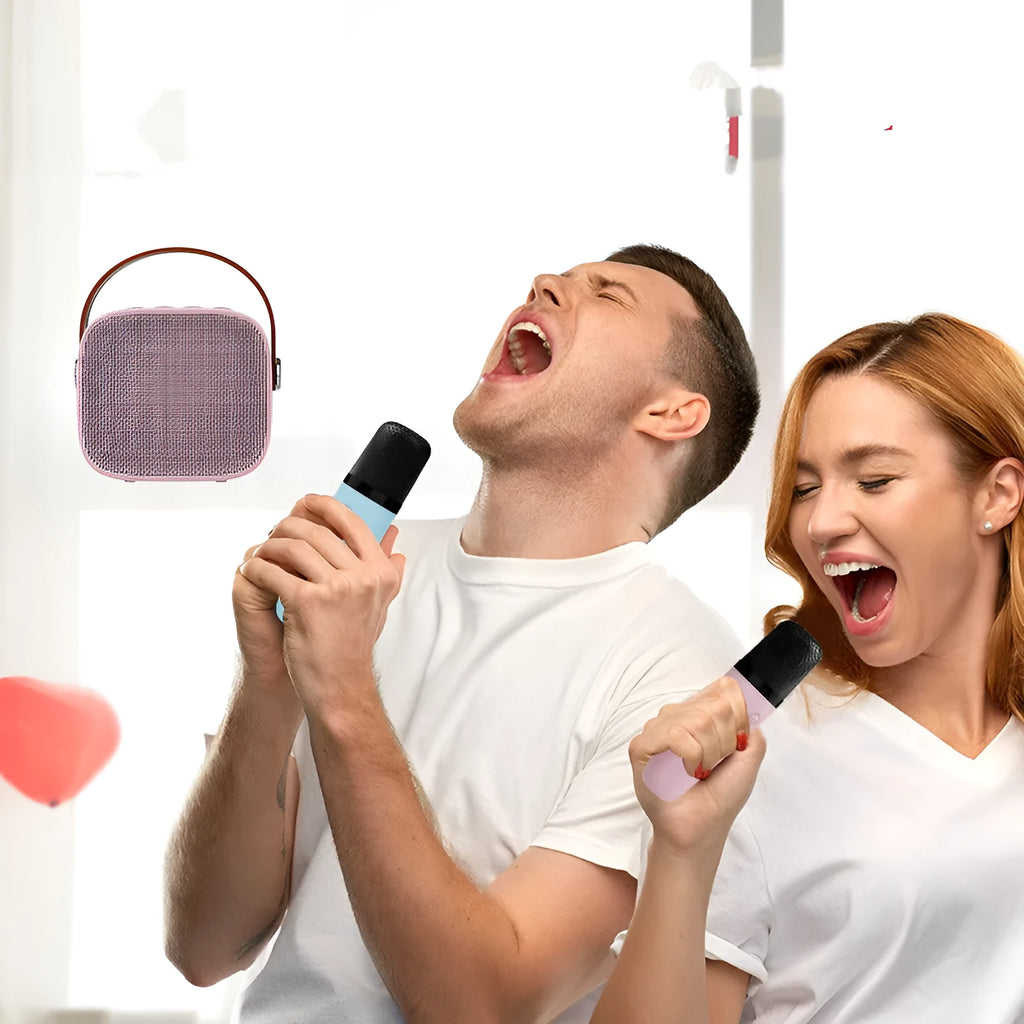 Compact portable Bluetooth speaker in blue, pink, or white with built-in microphone and USB charging cable