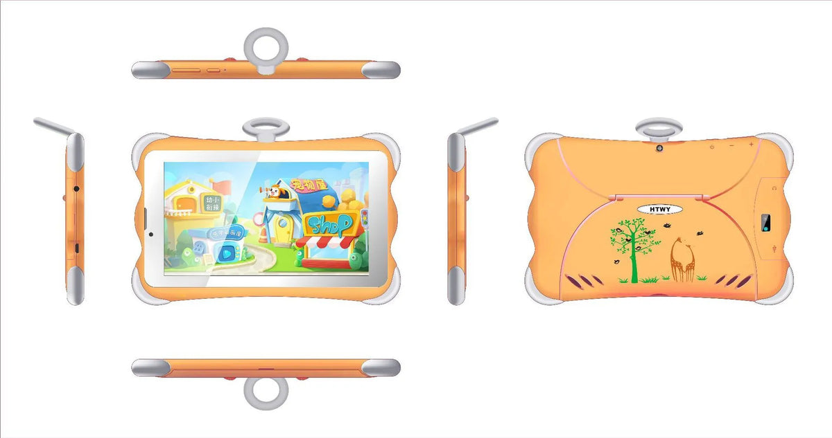 7-inch children's learning tablet in cartoon colours with integrated stand showing on-screen educational content