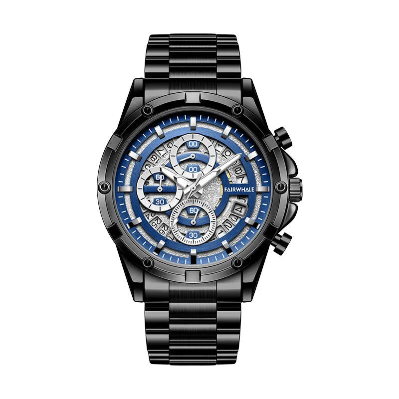 Men's waterproof quartz watch with luminous markers on stainless steel bracelet in three colour variations