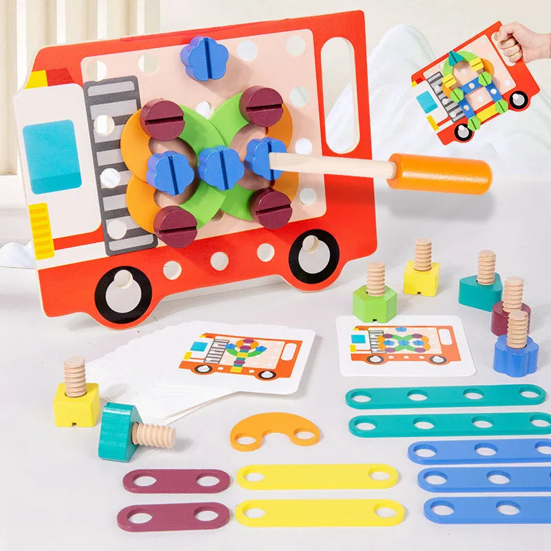 Children wooden twist screws changeable shape matching puzzle with colourful pieces on a white background