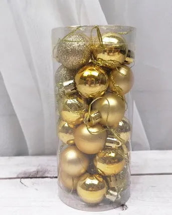 Small 3cm diameter shiny matte plastic Christmas bauble in assorted colours including gold, red, silver, and blue.