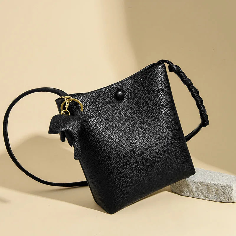 Women's soft genuine leather phone crossbody bag square vertical shape black colour multilayer single shoulder strap