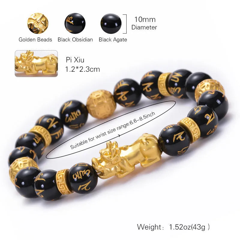 Unisex natural black agate stone bracelet with imitation gold accent, round bead design