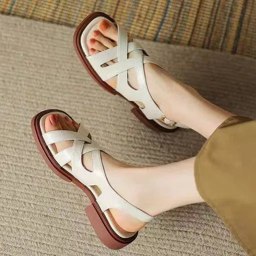 Women's glossy patent leather sandals with square toe and cross strap design in three colour options