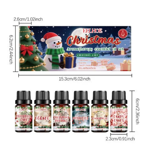 Christmas aromatherapy oil set showing six 60ml bottles with droppers for festive home fragrance