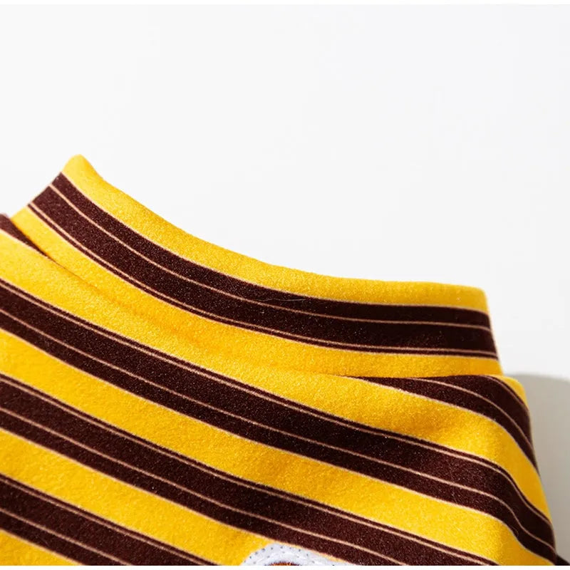 Striped two-legged pet shirt for small dogs and cats, available in yellow-brown bear patch or black-white cat patch, sizes XS to XXL.