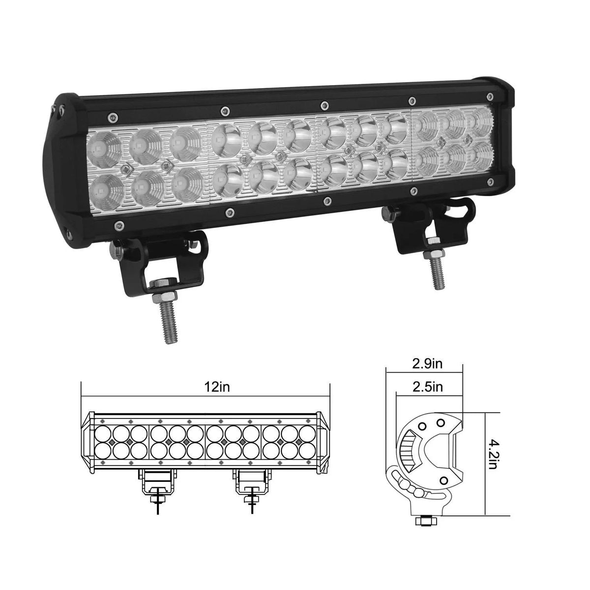 Black aluminium alloy 72W double row LED roof work light with PMMA lens for off-road vehicles.