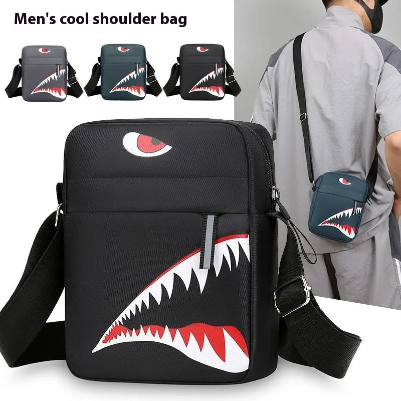 Men's small Oxford cloth crossbody bag with animal print pattern in black colour