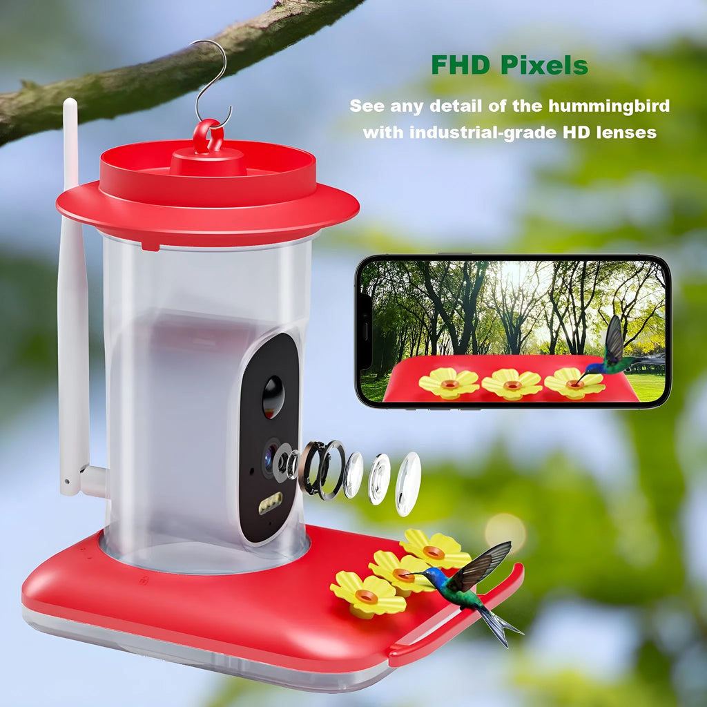 Red intelligent visual hummingbird feeder with 5MP HD camera, solar panel, honey container, straps and bracket