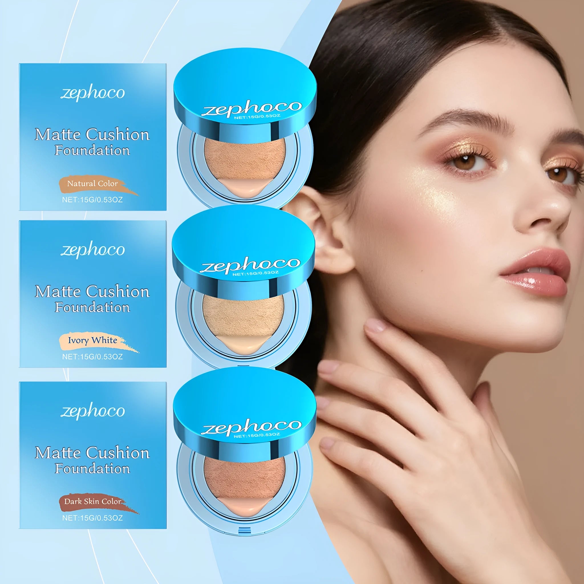 Matte concealer air cushion compact with puff in 15g size, three shade options