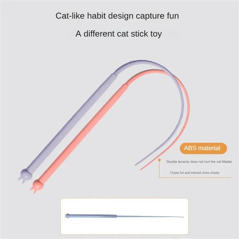 Blue interactive cat teaser stick with silicone mouse tail and cat head handle on a wooden floor.