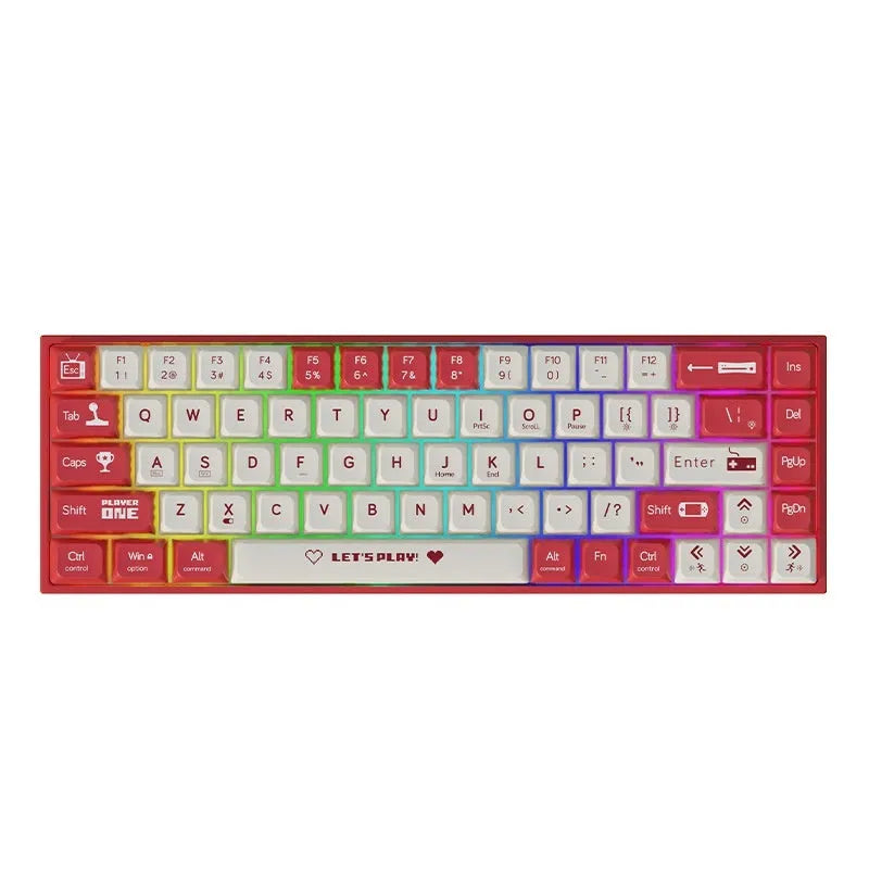 AJAZZ AK680 red and white wired mechanical gaming keyboard with hot-swappable switches on a desktop.