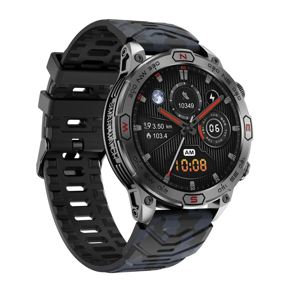 Sports smartwatch with AMOLED display in black, orange, or camouflage colours showing fitness metrics