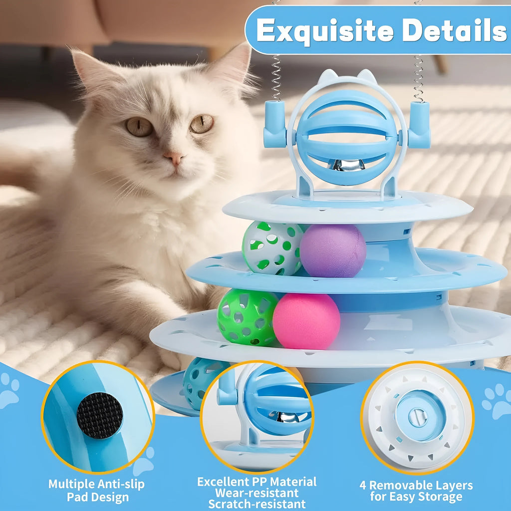 Blue 4-tier interactive cat puzzle toy with six plastic balls on circular tracks and teasing rods