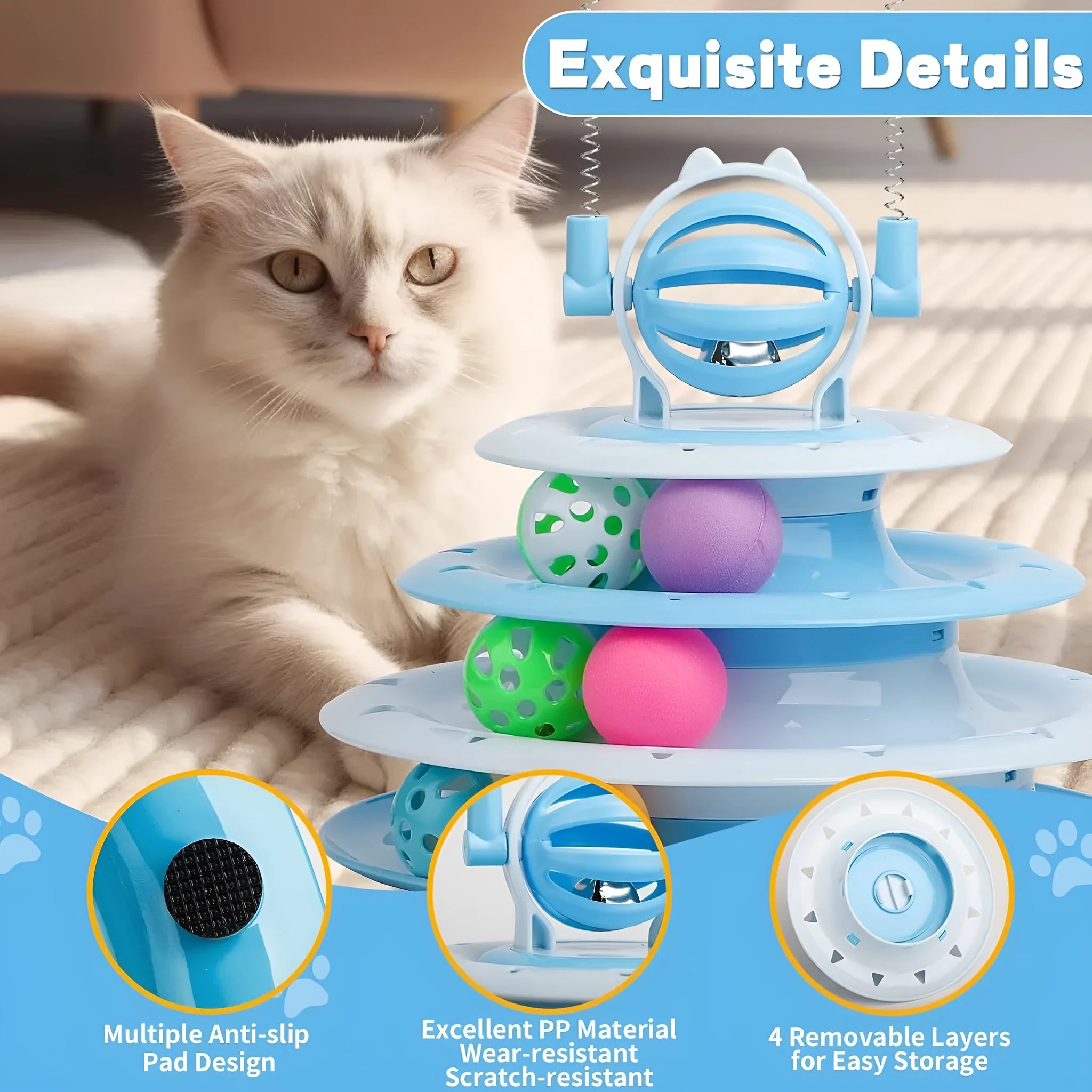 Blue 4-tier interactive cat puzzle toy with six plastic balls on circular tracks and teasing rods