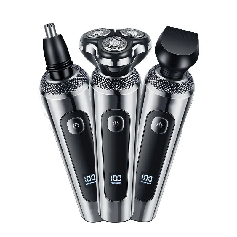 USB rechargeable beard scraper with digital LED display on a five-in-one base bracket.