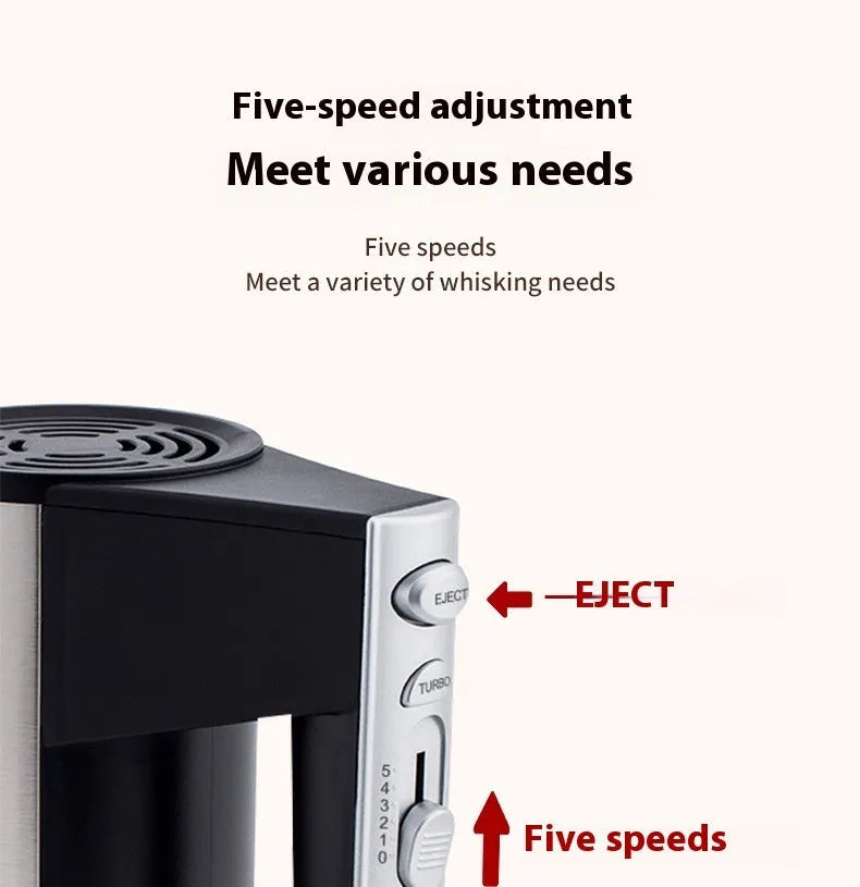 SL-25209 model silver household electric handheld mixer with beaters on a kitchen counter.