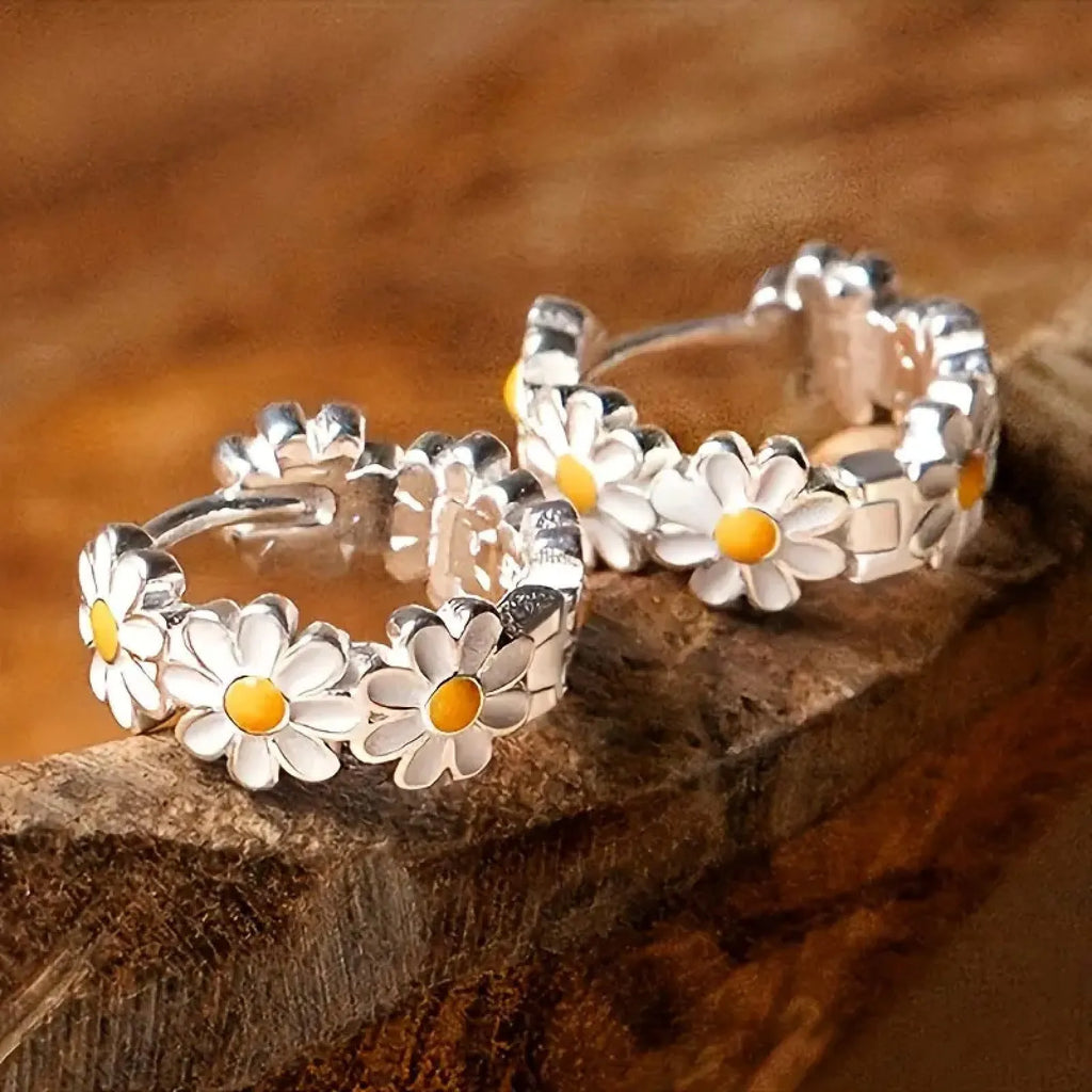 White daisy flower ring earrings with electroplated copper construction and platinum gem details