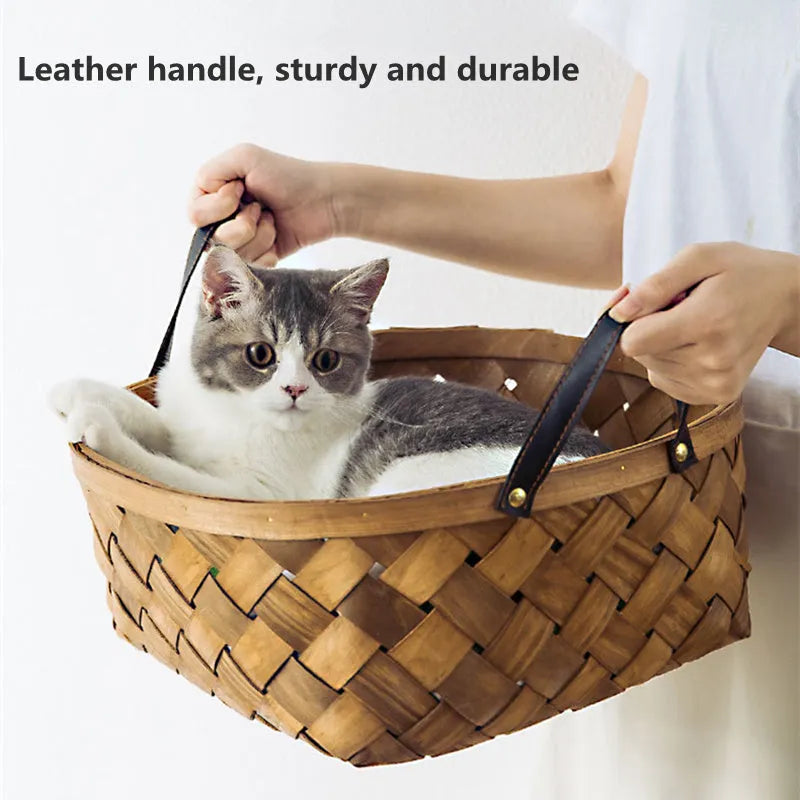 Hand-woven bamboo rattan cat bed with cushion, three sizes available