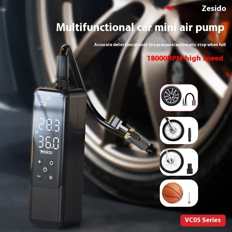 Portable 12V car tyre inflator pump in black with LED light and pressure gauge, model VC05