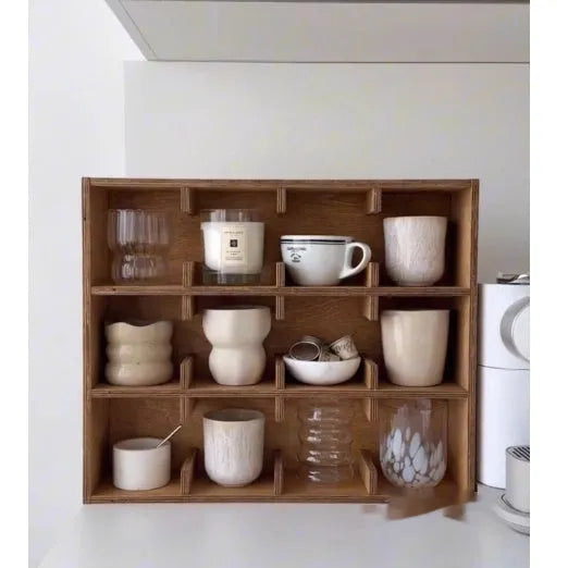 Solid wood cup storage rack with multiple square grids in birch wood meridian colour