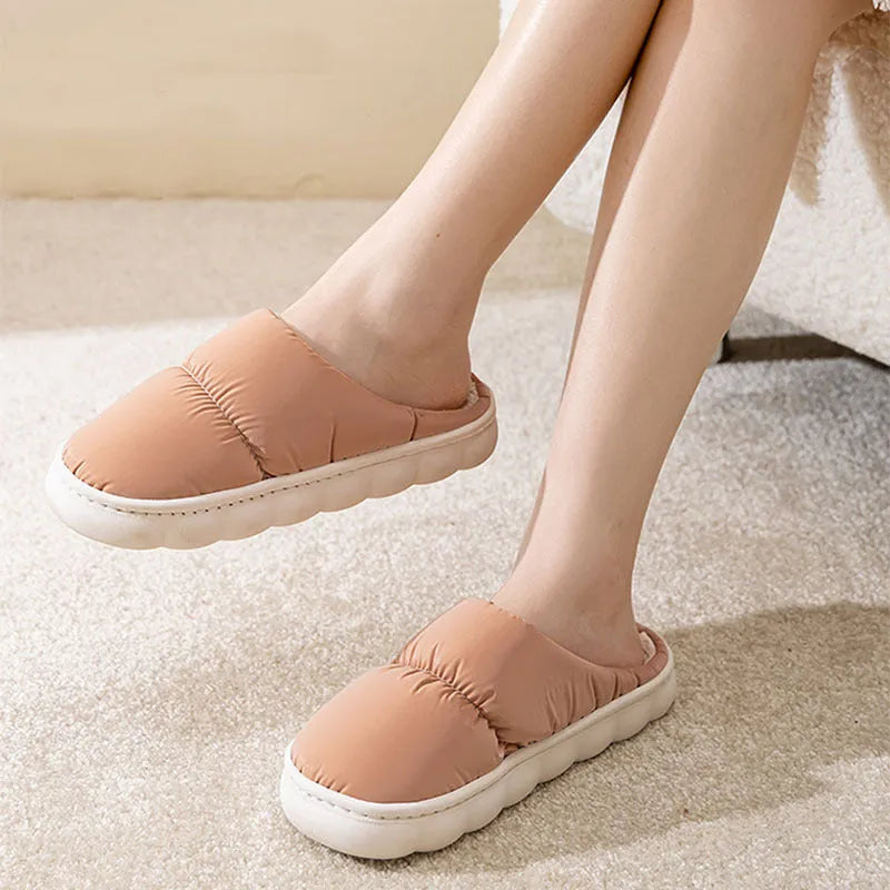 Winter indoor slippers with artificial leather upper, rubber sole, and plush lining in multiple colour options