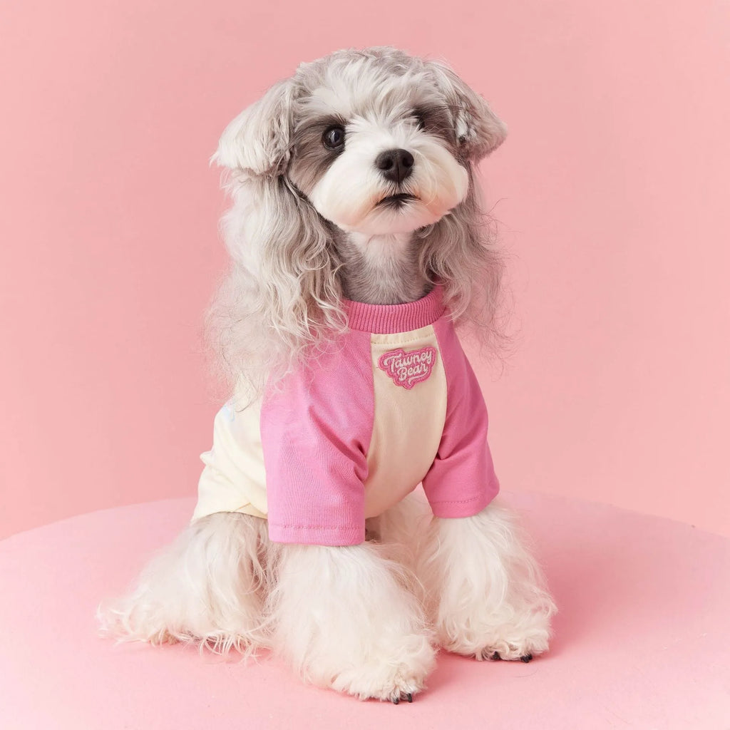 Cotton summer dog clothes in embroidered red or pink with contrast colour design