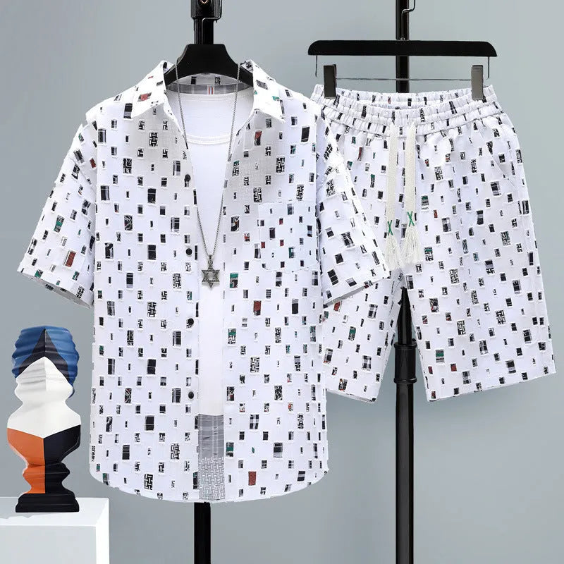 Men's casual sports two-piece set with short sleeve top and matching shorts in polyester fabric