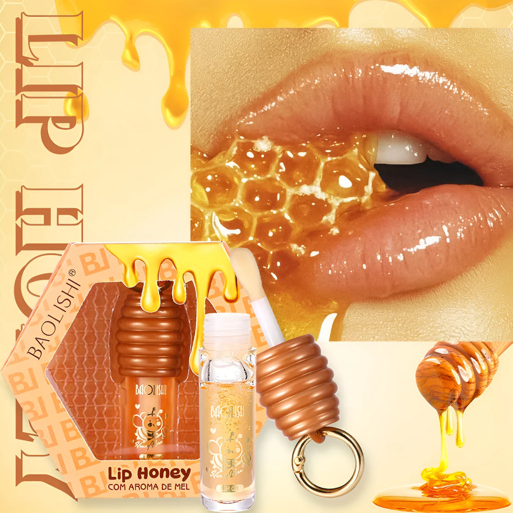 Honey coloured lip gloss with keychain attachment for bags