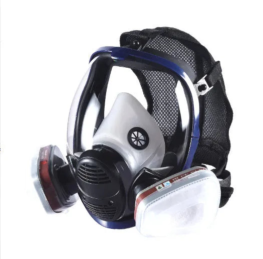 Blue edge spherical full face gas mask with trapezoidal canister and KN95 rating.