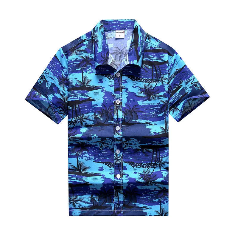 Men's loose beach Hawaiian shirt with short sleeves, floral print, and thin polyester peach skin fabric in yellow, blue, white, or multi-colour.
