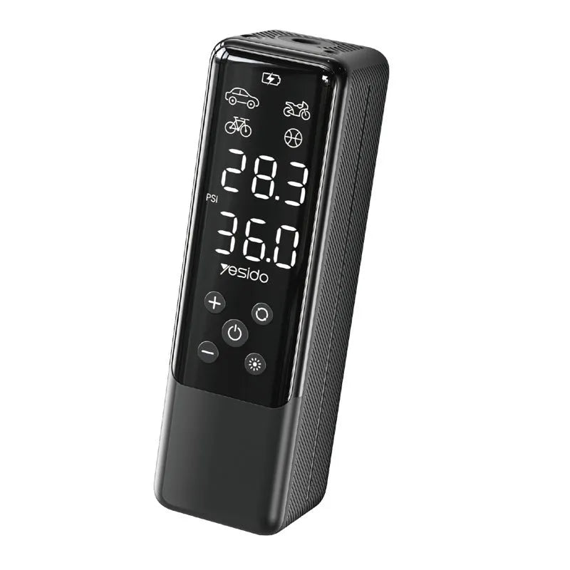 Portable 12V car tyre inflator pump in black with LED light and pressure gauge, model VC05