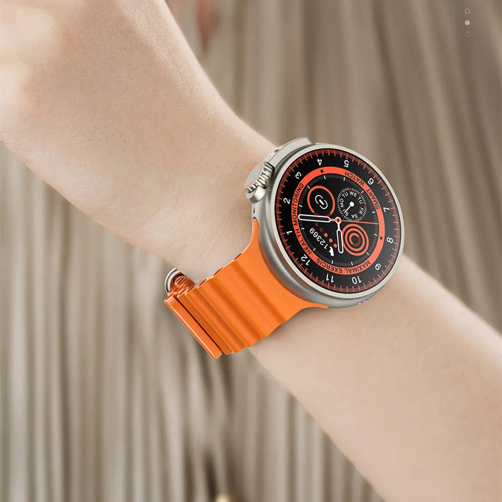 K9 smart watch with round screen in black, orange, silver brown, or yellow with silicone strap