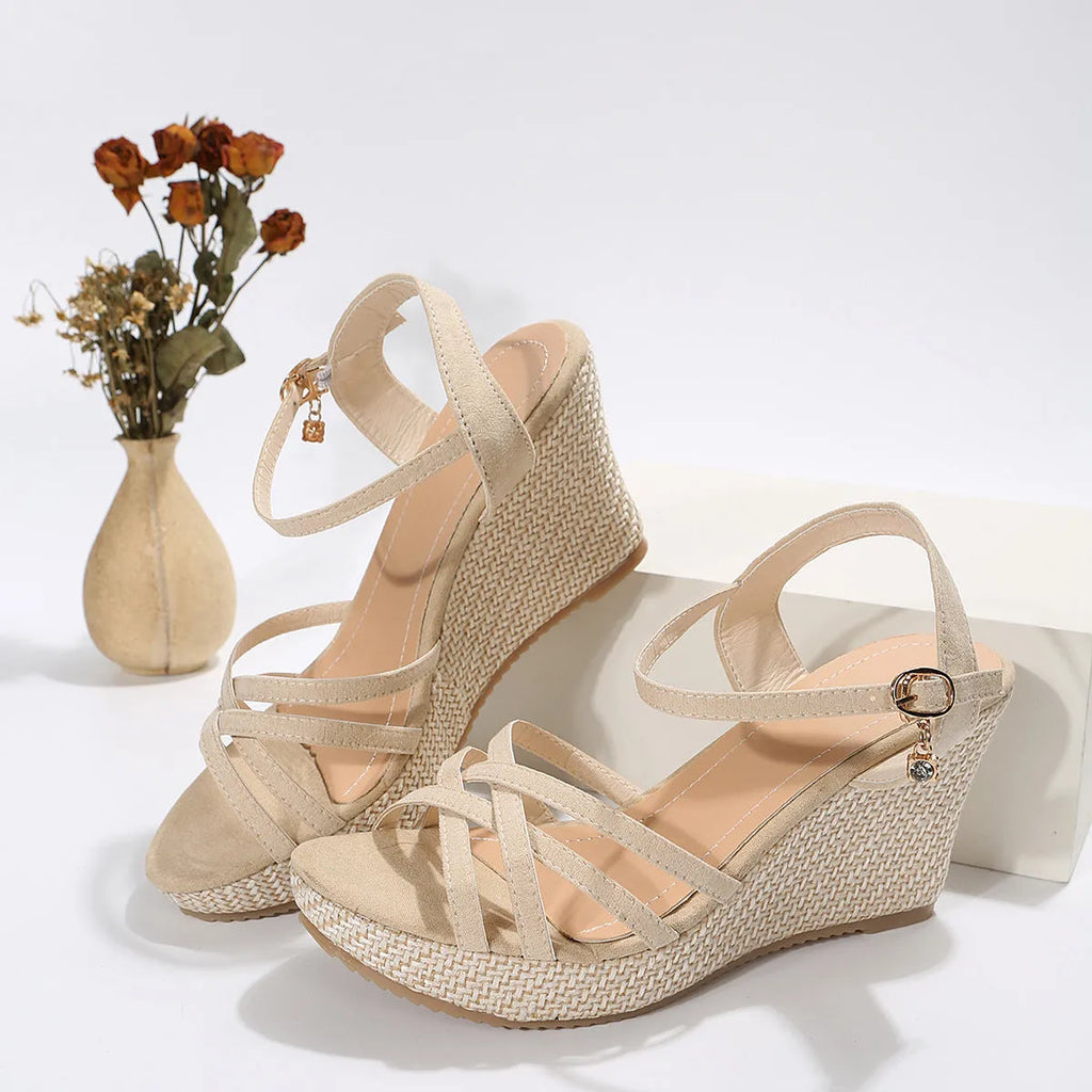 Women's simple wedge sandals with cloth upper and fish mouth toe in beige, black, and white.