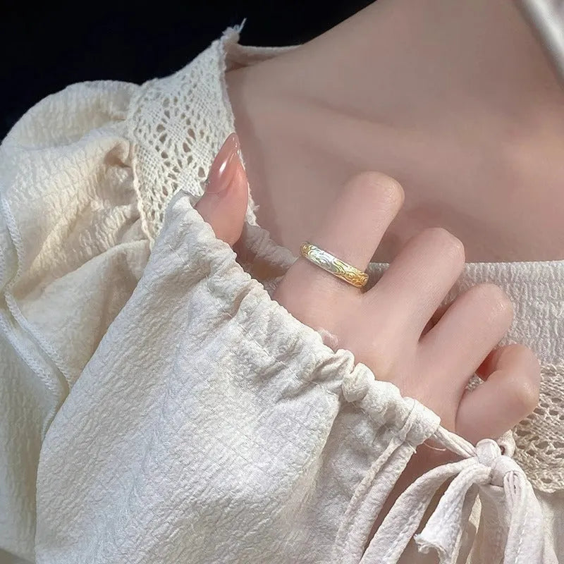 White copper xiangyun pattern adjustable ring with electroplated silver and gold finishes