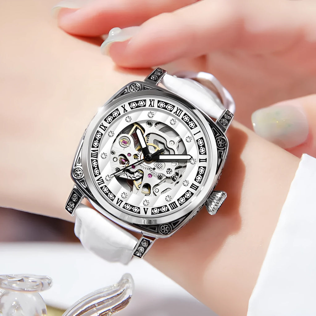 Men's mechanical analogue watch with luminous hands on a leather strap, shown in multiple colour options.