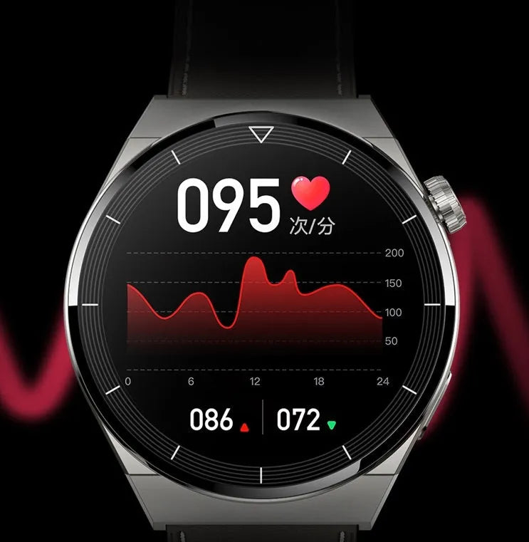 Round Android smart watch with black silicone strap showing Bluetooth and NFC functions