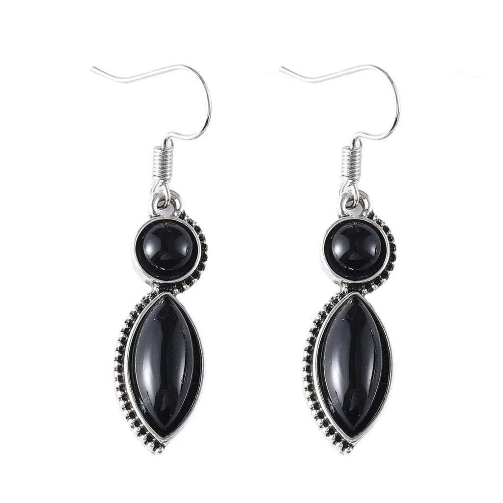 Vintage bohemian geometric pendant earrings with black and purple electroplated finish on zinc alloy