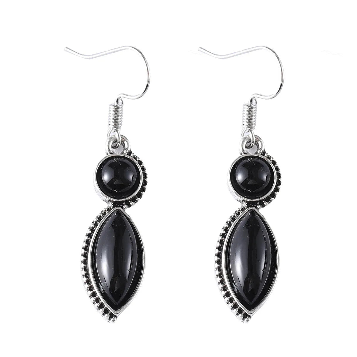 Vintage bohemian geometric pendant earrings with black and purple electroplated finish on zinc alloy