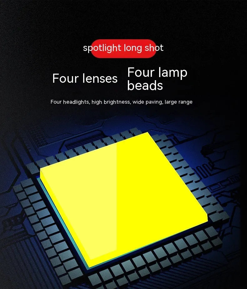 Four-eye clover spotlight headlight with aluminium base plate for vehicle modification.