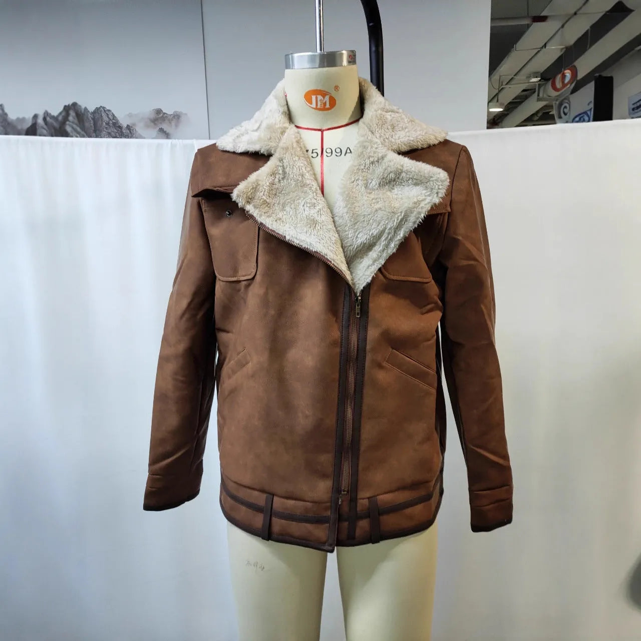 Men's retro brown suede casual jacket with flap pockets, loose fit, mid-length, long sleeves, no hood, solid colour