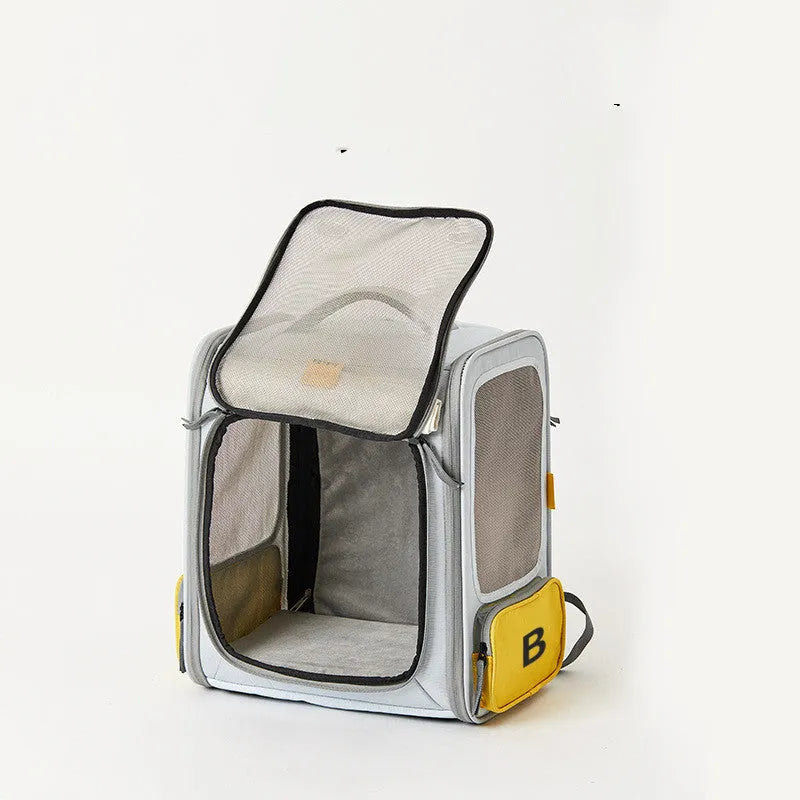Portable pet space capsule backpack in polyester, expandable tent design, blue or grey, sizes 330x330x450mm and 350x560x430mm