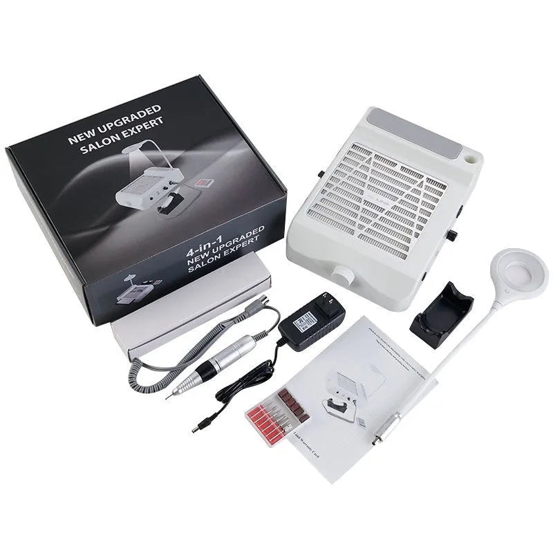 White nail polishing machine with vacuum system and four-in-one grinding attachments